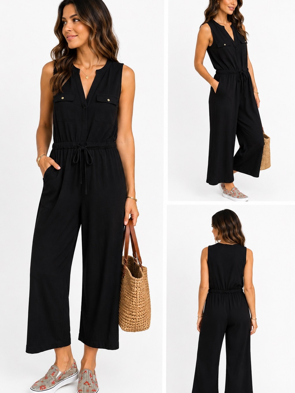 Cupio Black Sleeveless V-Neck Wide-Leg Drawstring Jumpsuit